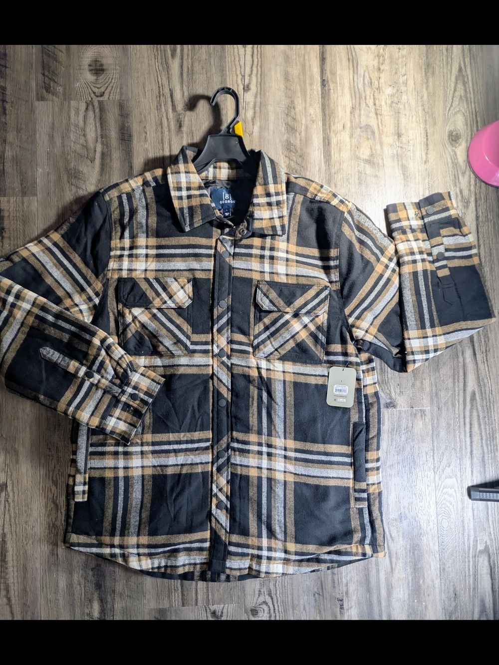 🔥 T George Men’s Quilted Lined Flannel Shirt Jacket Shacket Black Ivory Plaid ✨